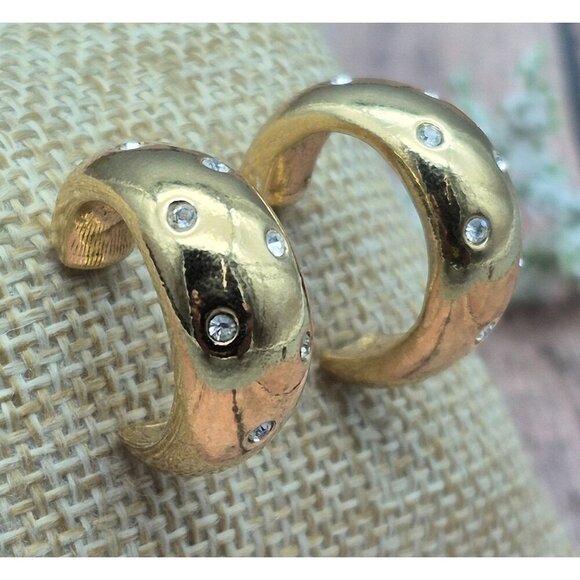 Cute AVON Gold Tone Small Hoop Earrings with Crystal Accents Classic 1" - Picture 5 of 12